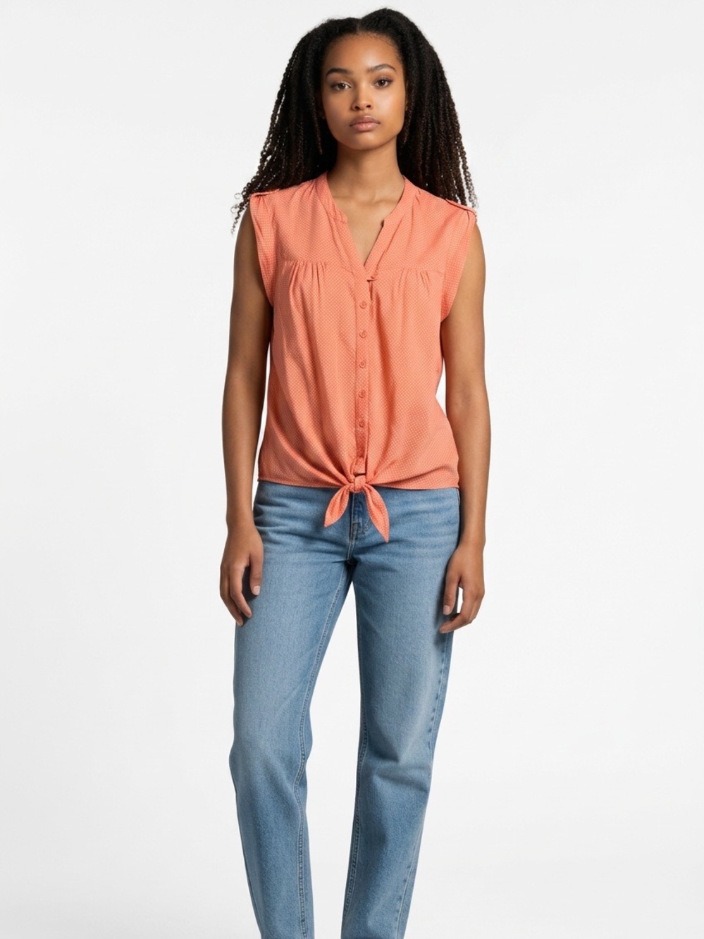Reitmans  Sleeveless Tie-Hem Button Front Top - Coral Dot size xxl